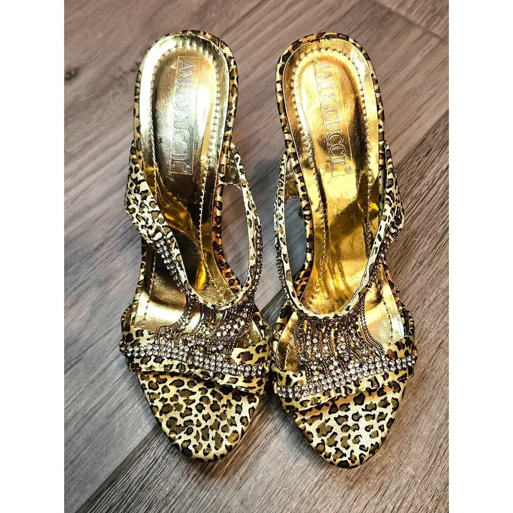 Amugguccil 39/8-8.5 Leopard Print High Heels Gold Rhinestone Chains Platform J77